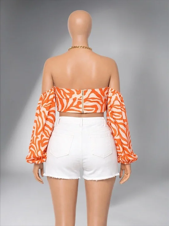 Orange Zebra Print Off-Shoulder Crop Top - Picture 10 of 13